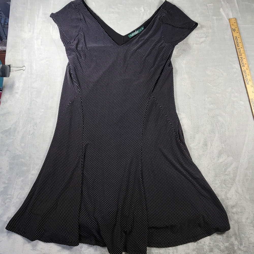 Lauren Ralph Lauren Dress‎ Womens XL Black White Polka Dot Swing V Neck Lined